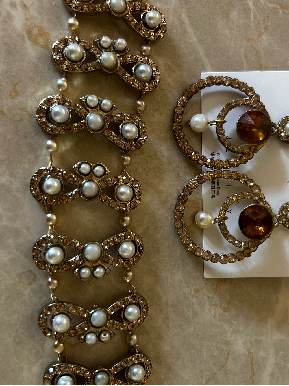 Pearl & Rhinestone Statement Bracelet and Amber Hoop Earrings